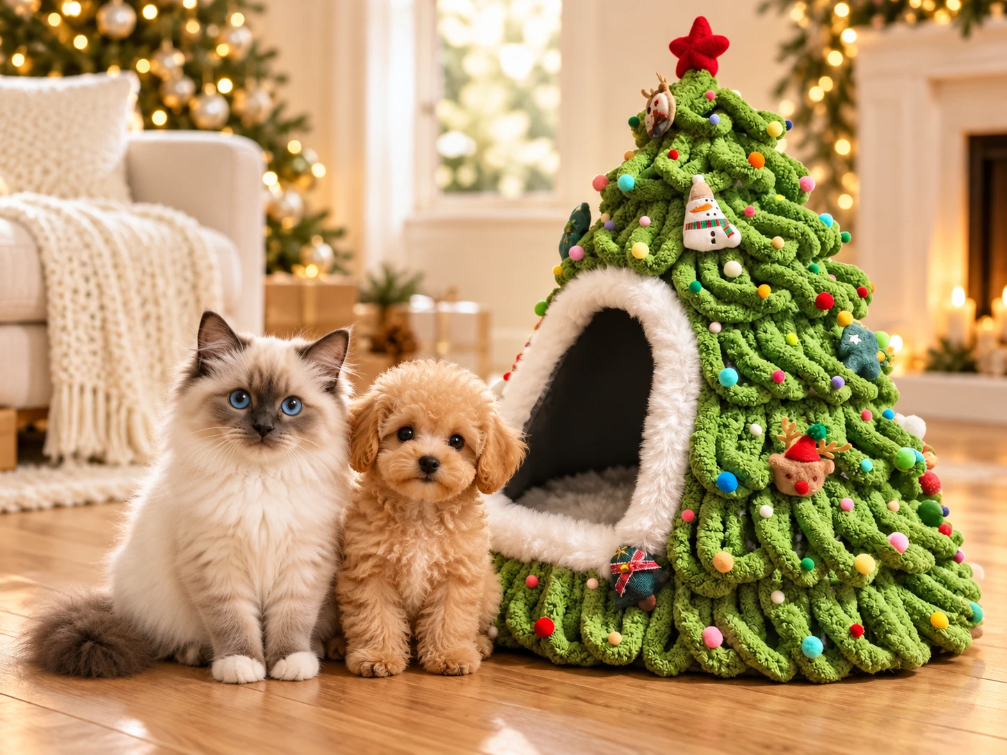 Ragdoll cat and small puppy beside the Christmas tree pet house